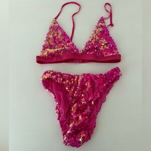Dolls Kill Pixie Playroom Pink Iridescent Sequin Bikini Set